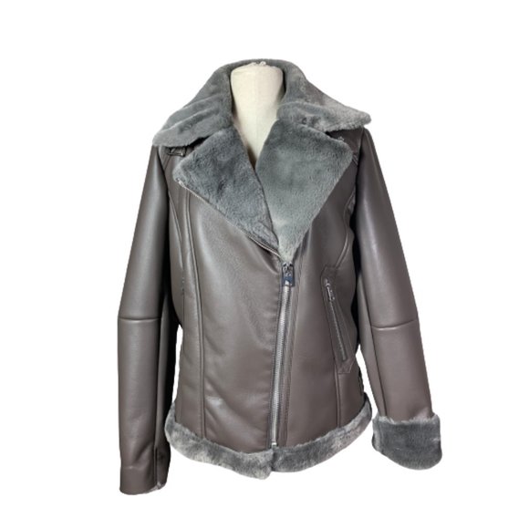Join Us Khaki Brown Faux Leather Fur Collar Bomber Moto Jacket size Medium